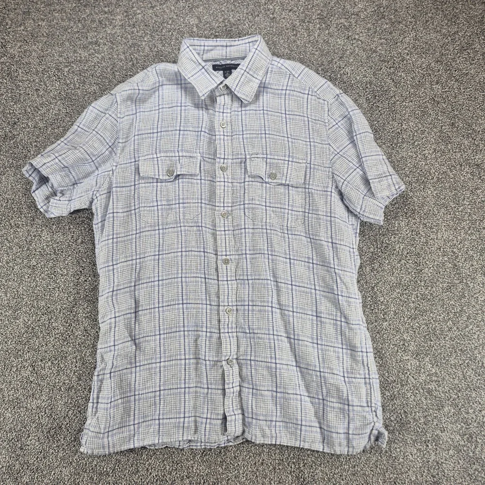 Banana Republic Linen Button Up Shirt Men's Medium Blue Plaid Short Sleeve‎